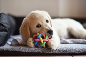 Un cucciolo gioca con la palla