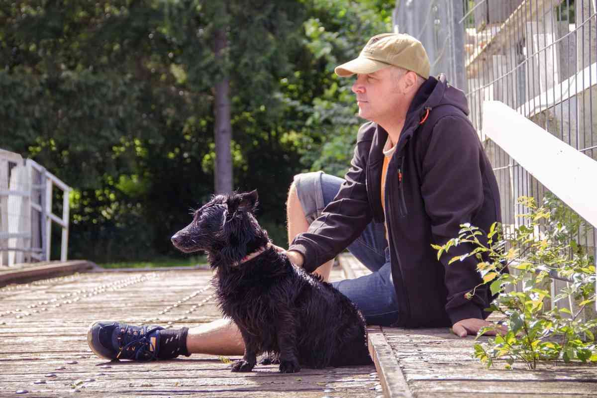 Padrone e cane riposano dopo la passeggiata